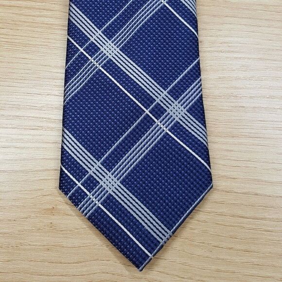 MICHAEL KORS Mens Neck Tie Blue Check Plaid Classic Pointed Silk Blend - Picture 1 of 6